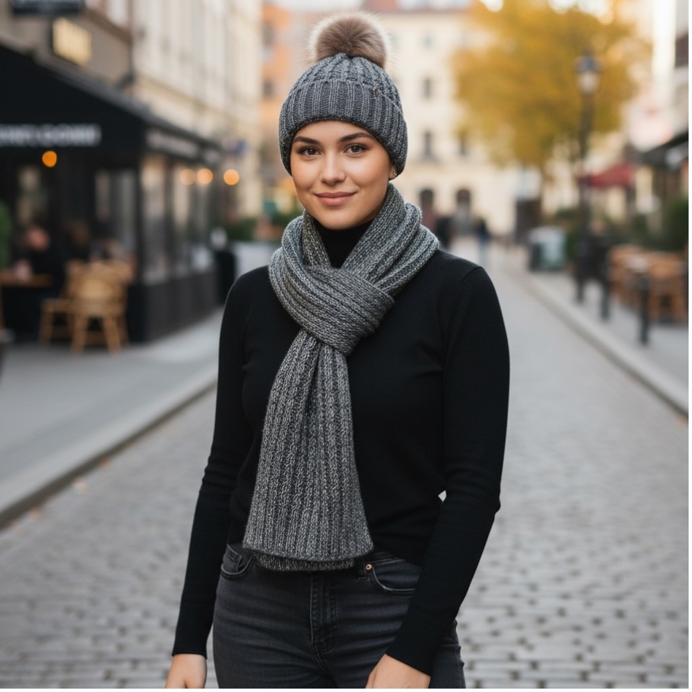 Gray Knit Scarf and Beanie Set